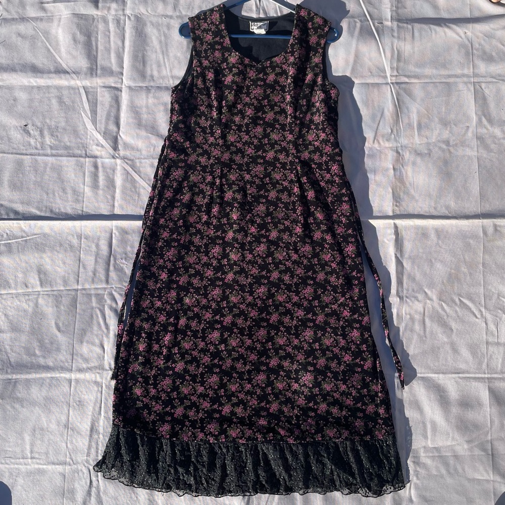 April Cornell -Sz S Black Velveteen Small Floral Print black Lace Bottom Dress